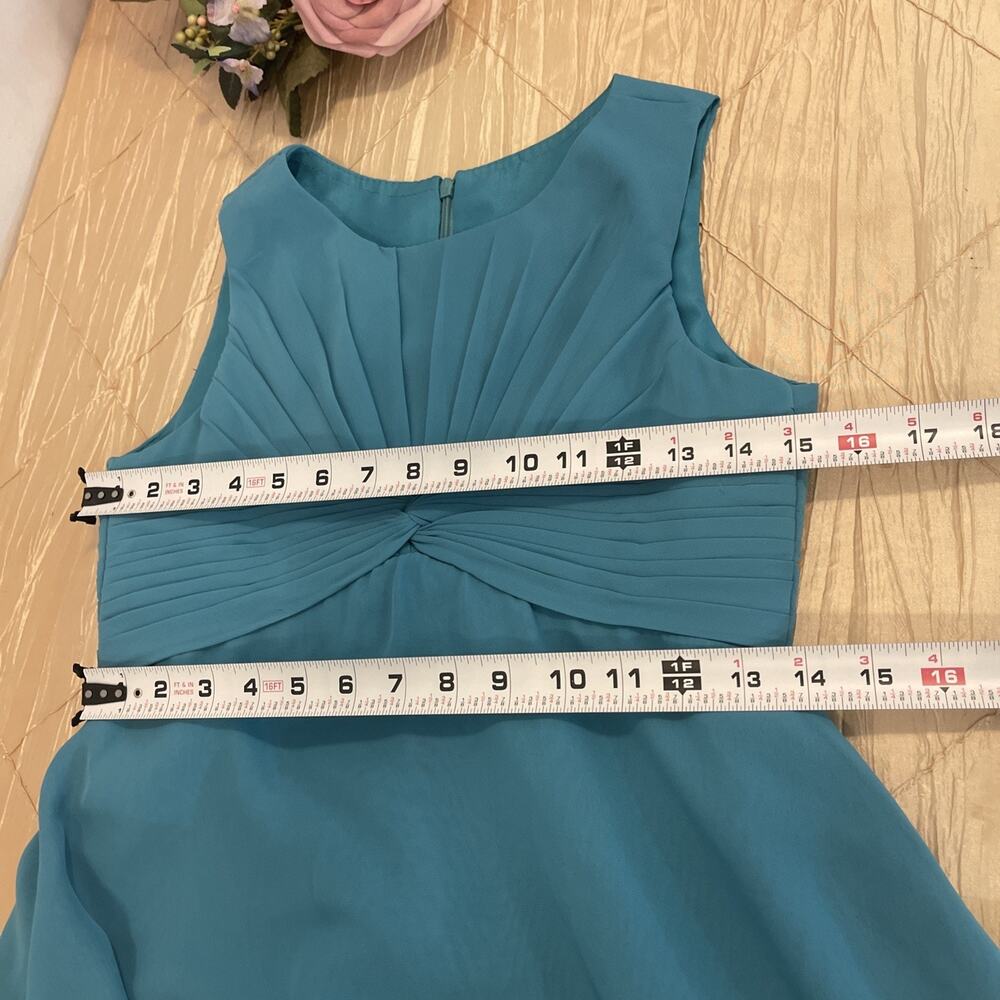 Teal Chiffon Sleeveless Midi Dress Pleated Twist Front Open Back Women’s 12 - Picture 8 of 9
